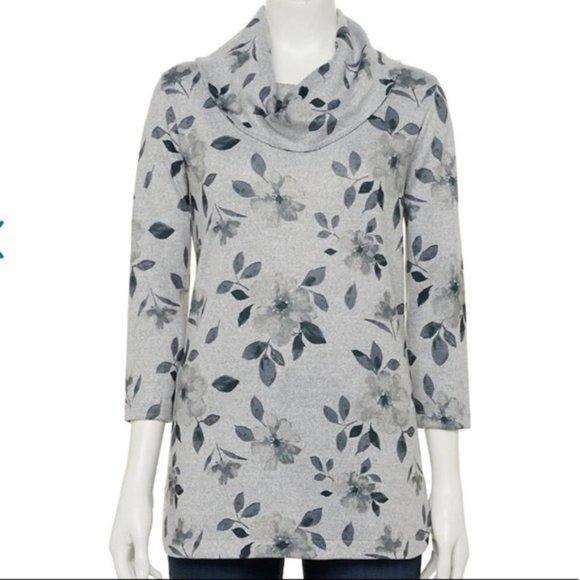 croft & barrow Tops - NWT Croft & Barrow® 3/4 Sleeve Cowlneck Top Gray Black Floral Women's Small NEW